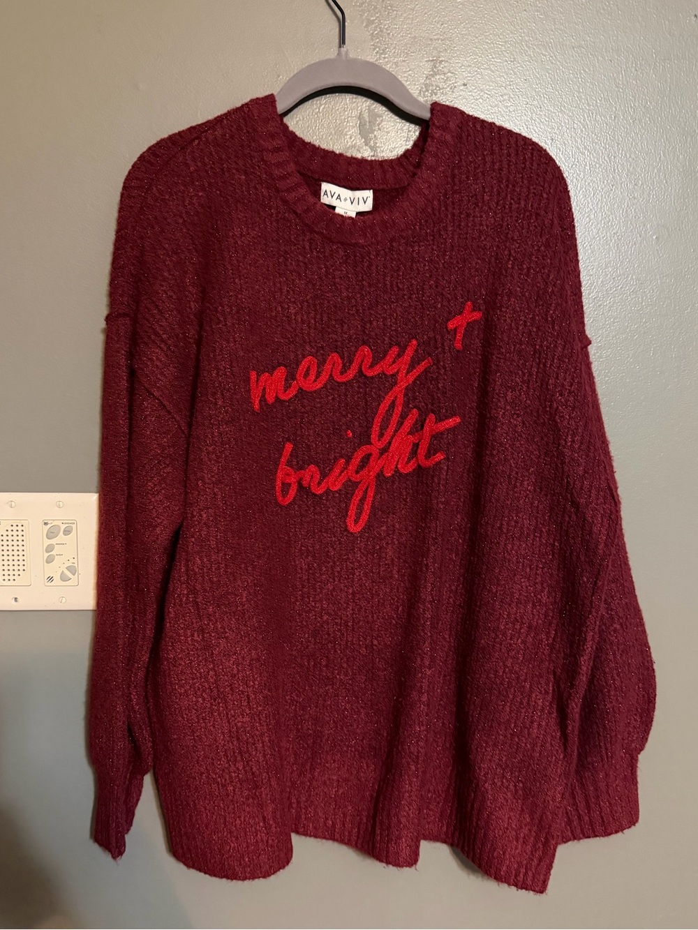 Ava & Viv Merry & Bright Christmas Sweater Plus Size 1X Burgundy Holiday NWT